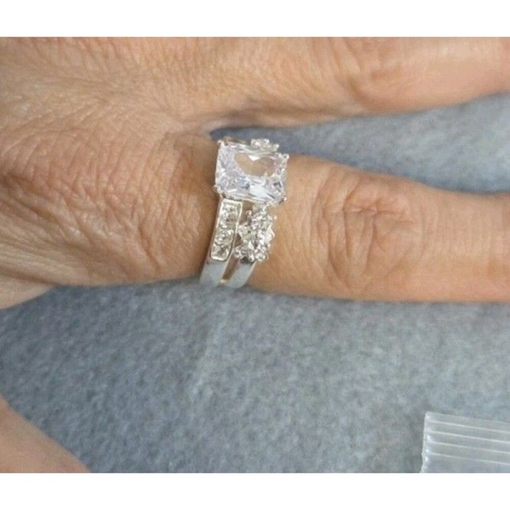 Swarovski Silver Clear Cushion-Cut Crystal Bridal Ring Set Size 9.